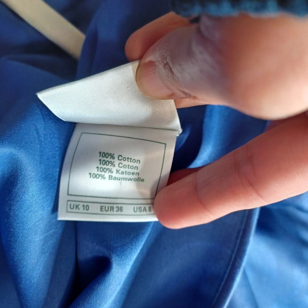Vtg Laura Ashley Blue Damask Puff Sleeve Dress Bow Back Pockets - Picture 11 of 11